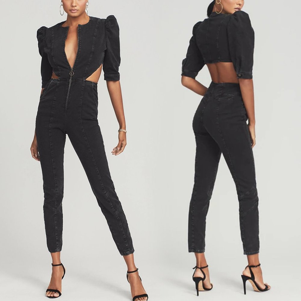 Retrofete Kiara Jet Black Italian Denim Jumpsuit Zip Up Cut Out Skinny Leg Large